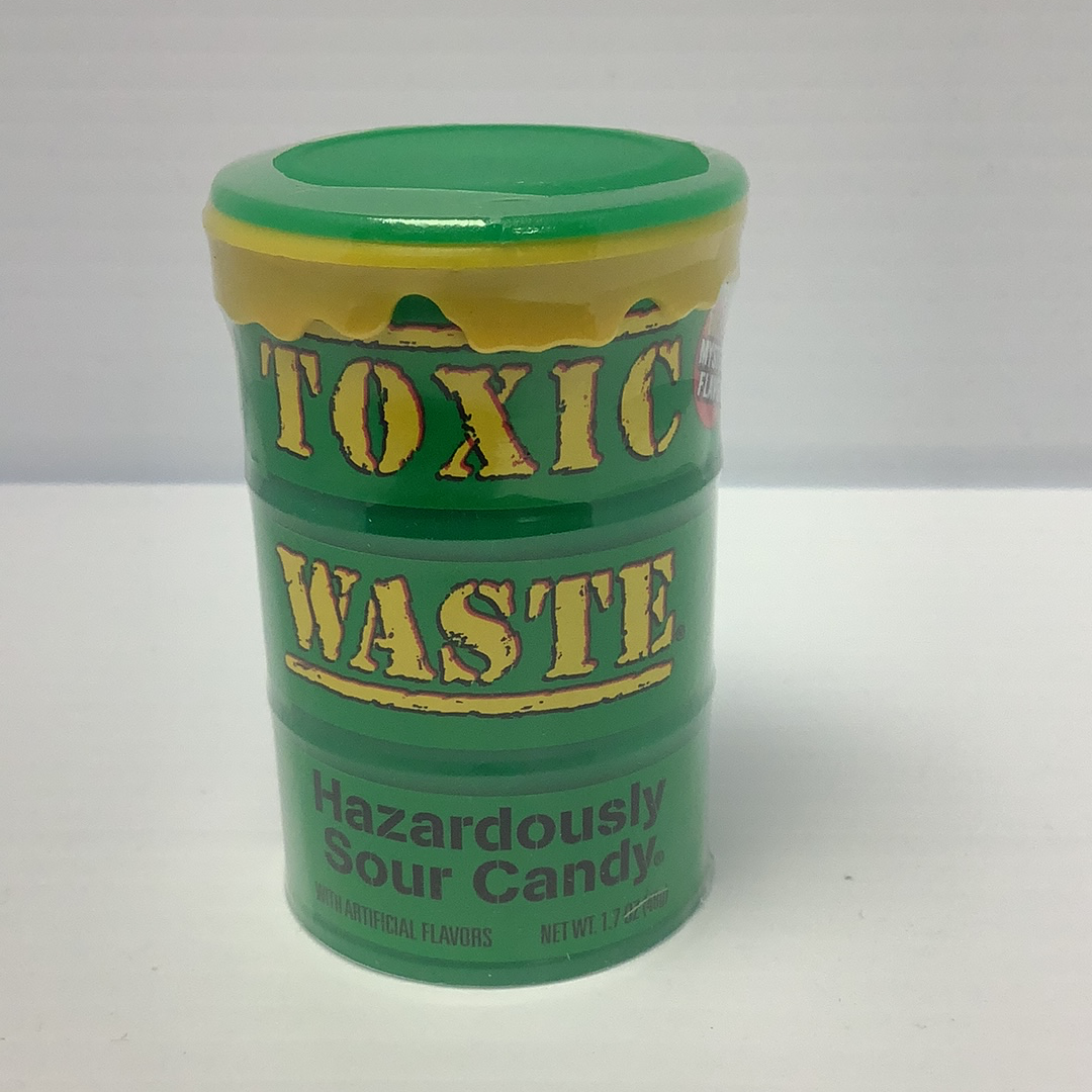 Green candy container labeled "Toxic Waste" sour candy for Nassau Candy 25843