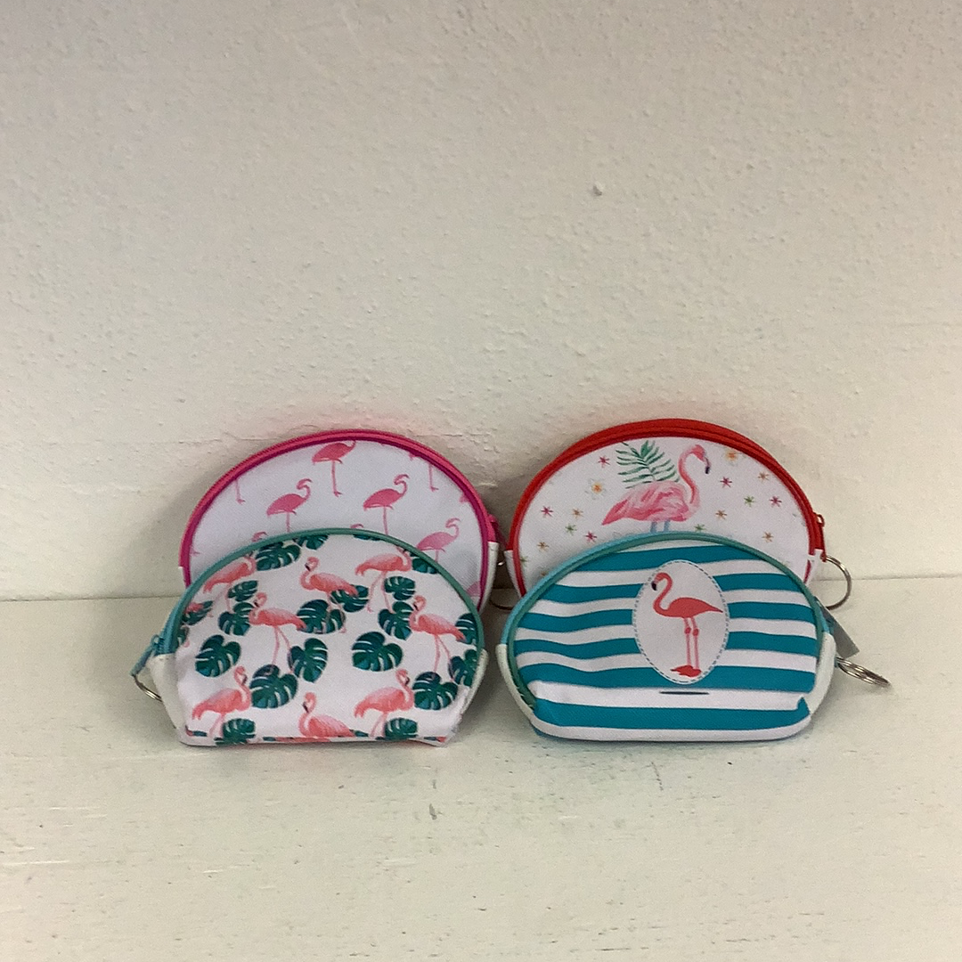 Three small, colorful purse-style items featuring flamingo designs for IMEX-Toys 87576GL