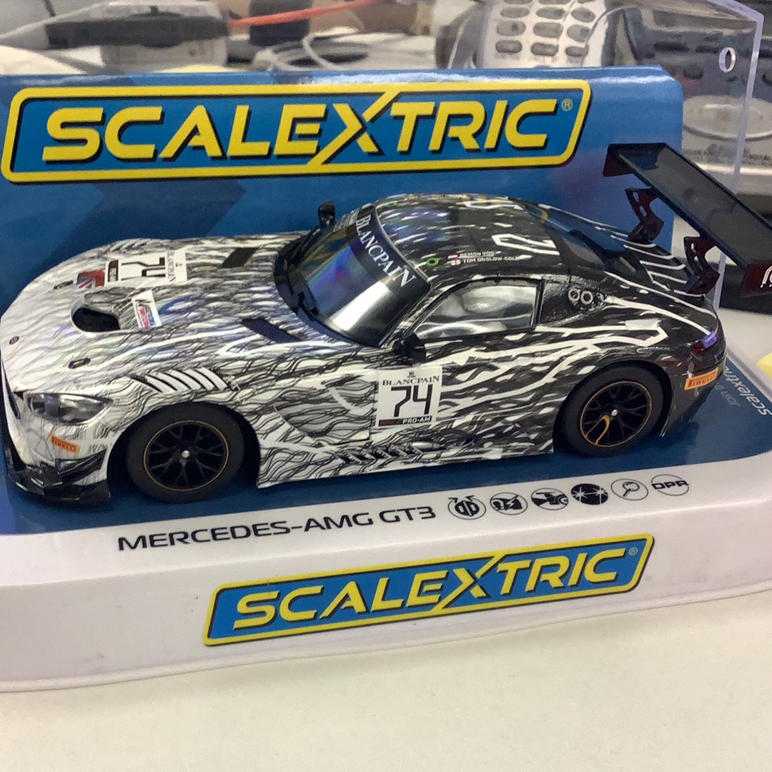 Silver Mercedes AMG GT3 race car model on its packaging for Scalextric C4162