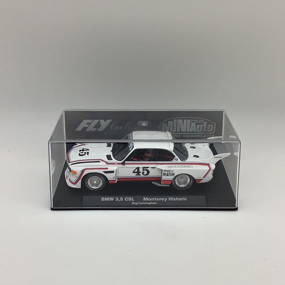 White BMW 3.5 CSL race car model in its display box for Fly Car 96036