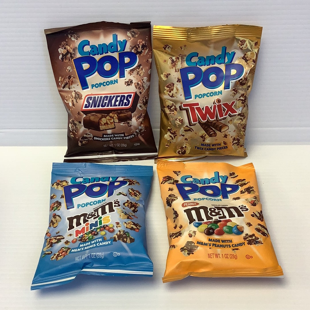 Four bags of flavored popcorn snacks: Snickers, Twix, MandM's Minis, and peanuts for Candy Pop 02114