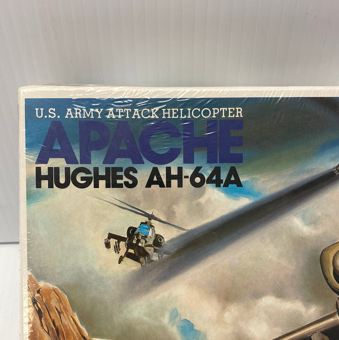 Model kit box art showing an Apache AH-64A helicopter flying over terrain for Semina Models FS001