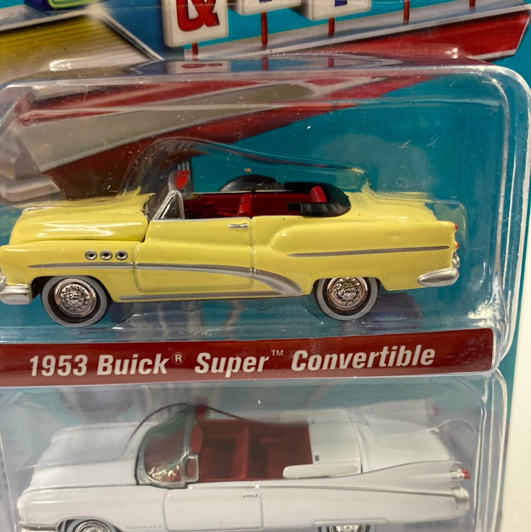 Yellow 1953 Buick Super Convertible toy car in blister packaging for Johnny Lightning JLPK0082-2
