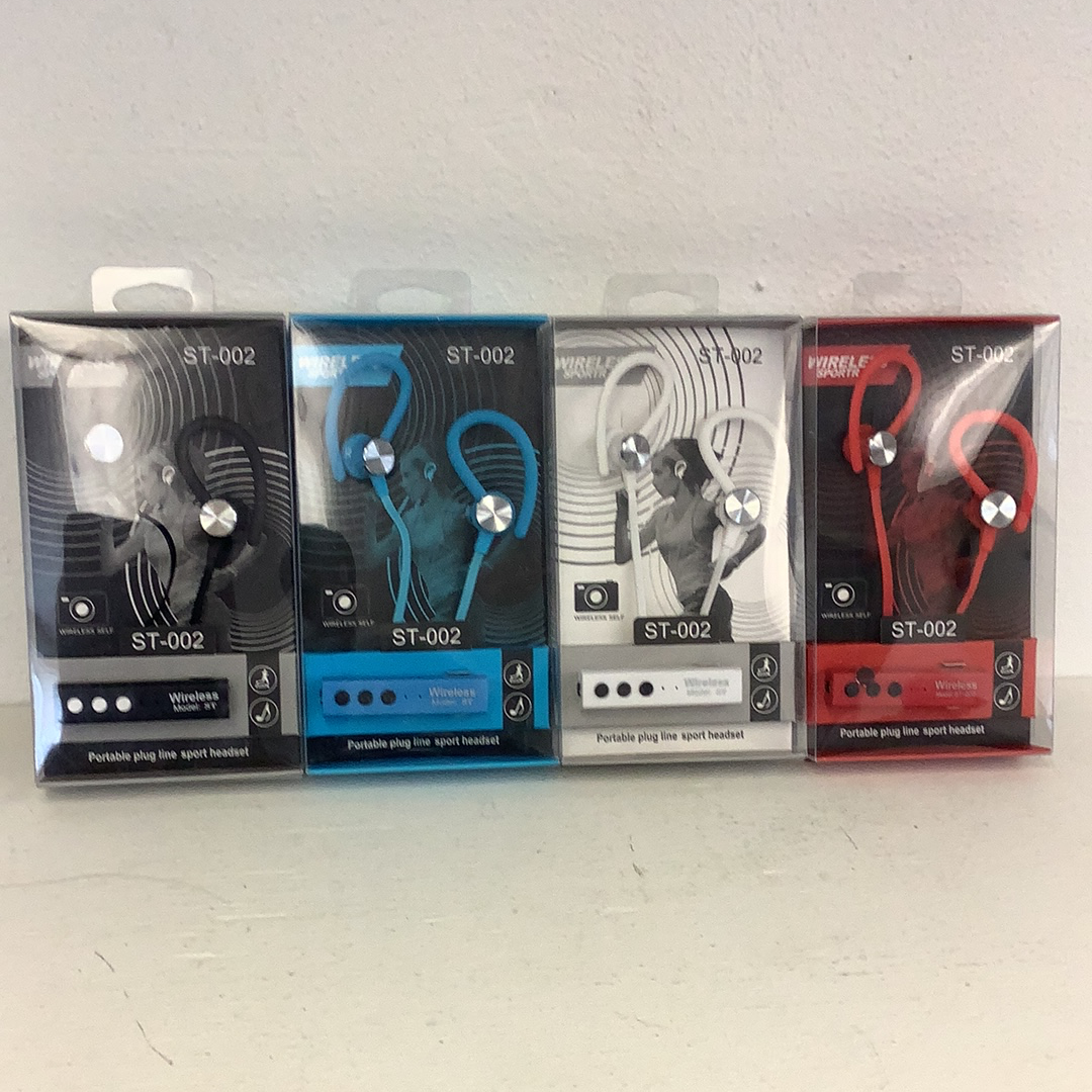 Four pairs of wireless sport earbuds in black, blue, silver, and red for Schylling 86581EL