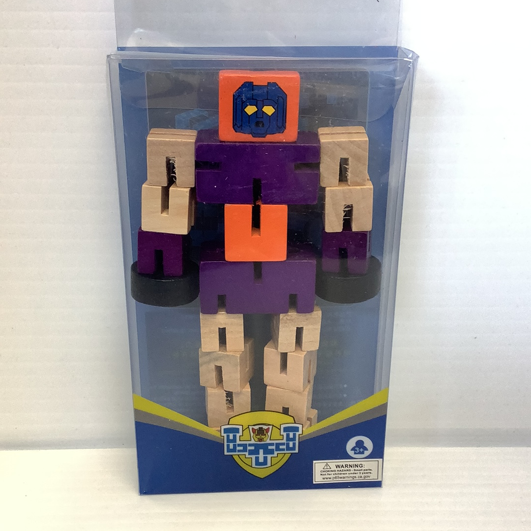 Wooden robot toy in its original packaging for BVP 87854