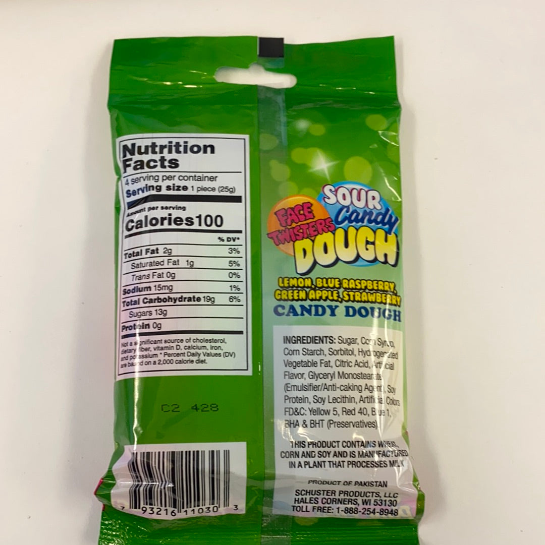Nutrition facts label for Sour Candy Dough snack for Nassau Candy 39805