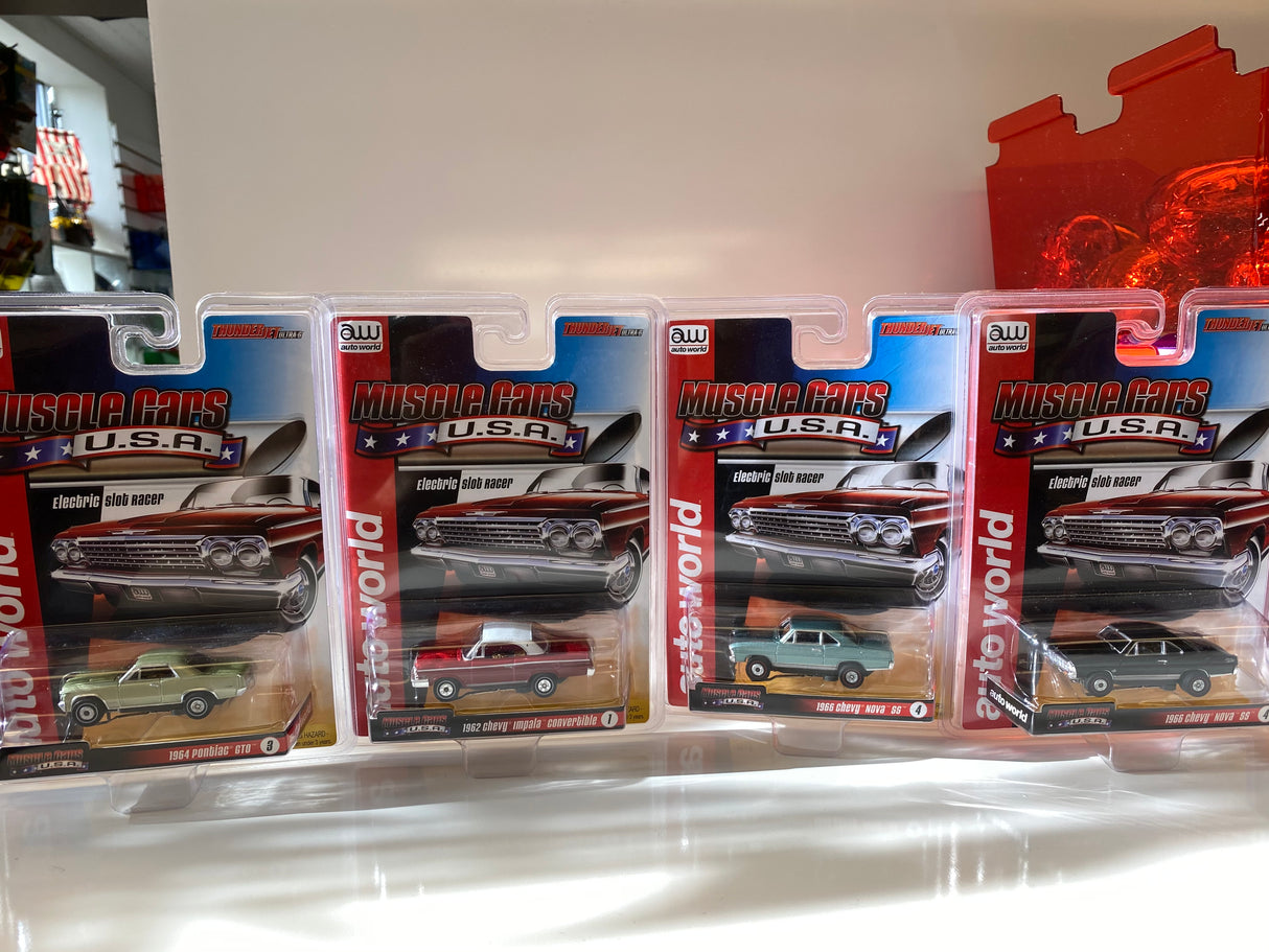 Slot cars: 1964 Pontiac, 1962 Impala, 1968 Mustang, 1969 Camaro for Auto World SC340