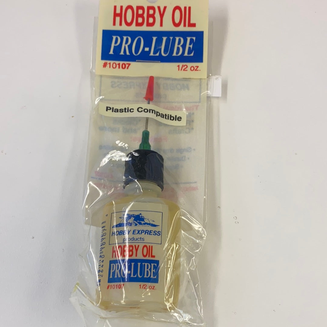 Hobby oil in a clear plastic bottle, labeled Pro-Lube, 1/2 oz for Hobby Express 10107