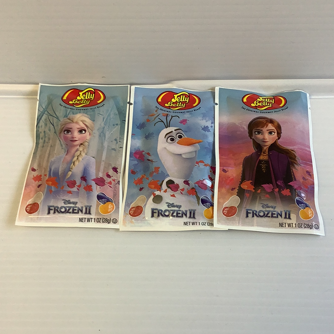 Three packages of Disney Frozen jelly beans featuring characters Elsa, Olaf, and Anna for Nassau Candy 30748