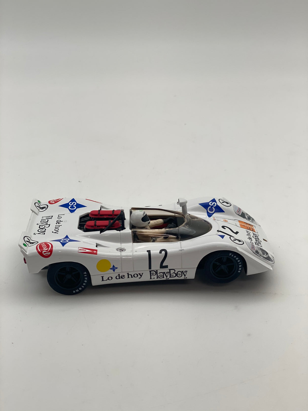 White race car model, Porsche 908/2, with "Lo de hoy PlayBoy" decals for Fly Car 88248
