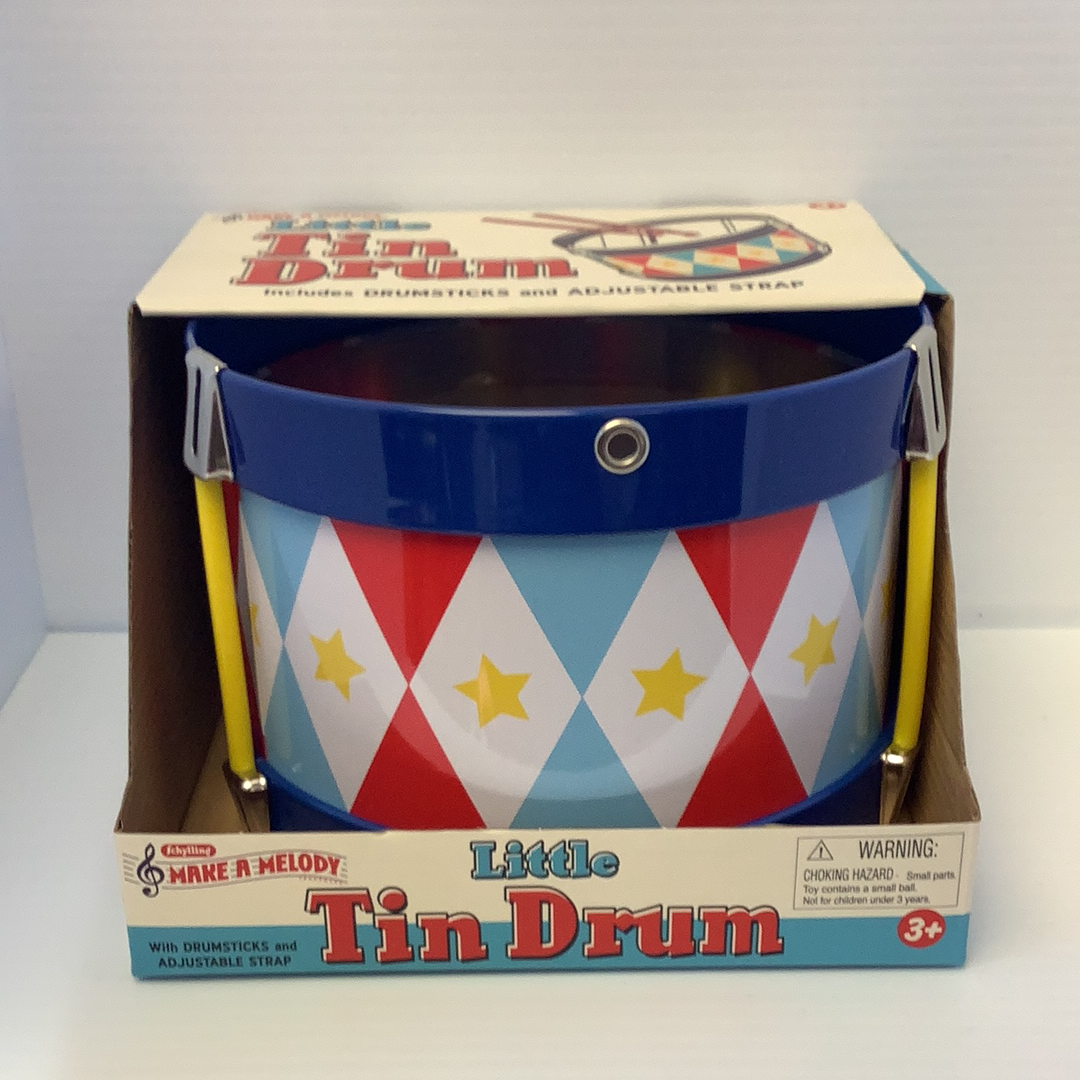 Blue and red tin drum toy with yellow stars, in its open box for Schylling TD
