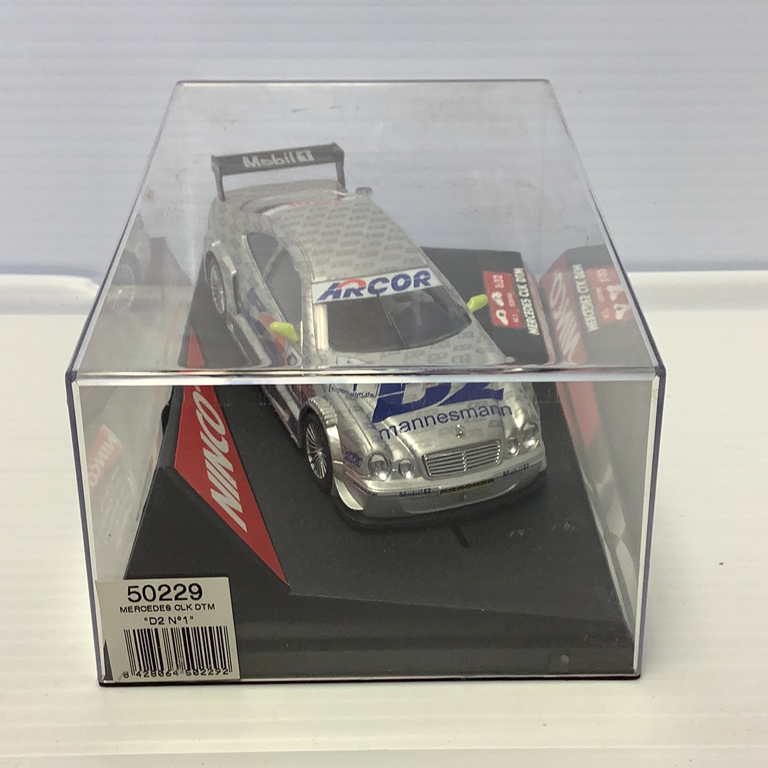 Slot car of a Mercedes CLK DTM race car in its box for Ninco 50229, package view, product view 2