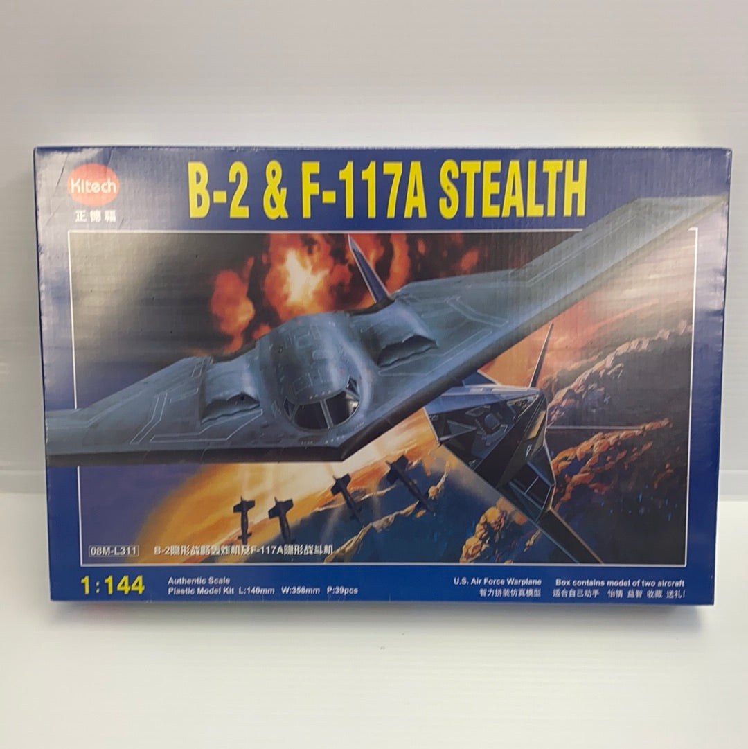 B-2 and F-117A stealth model kit box art showing two aircraft in flight for Kitech 08M-L311