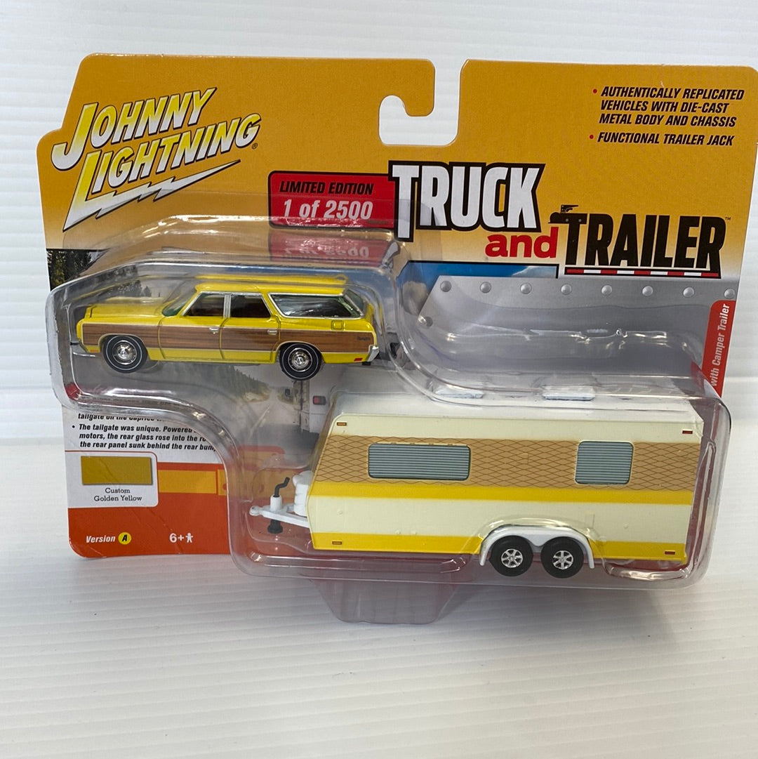 Yellow 1973 Chevy Caprice with attached camper trailer toy set for Johnny Lightning JBLBT013, side view