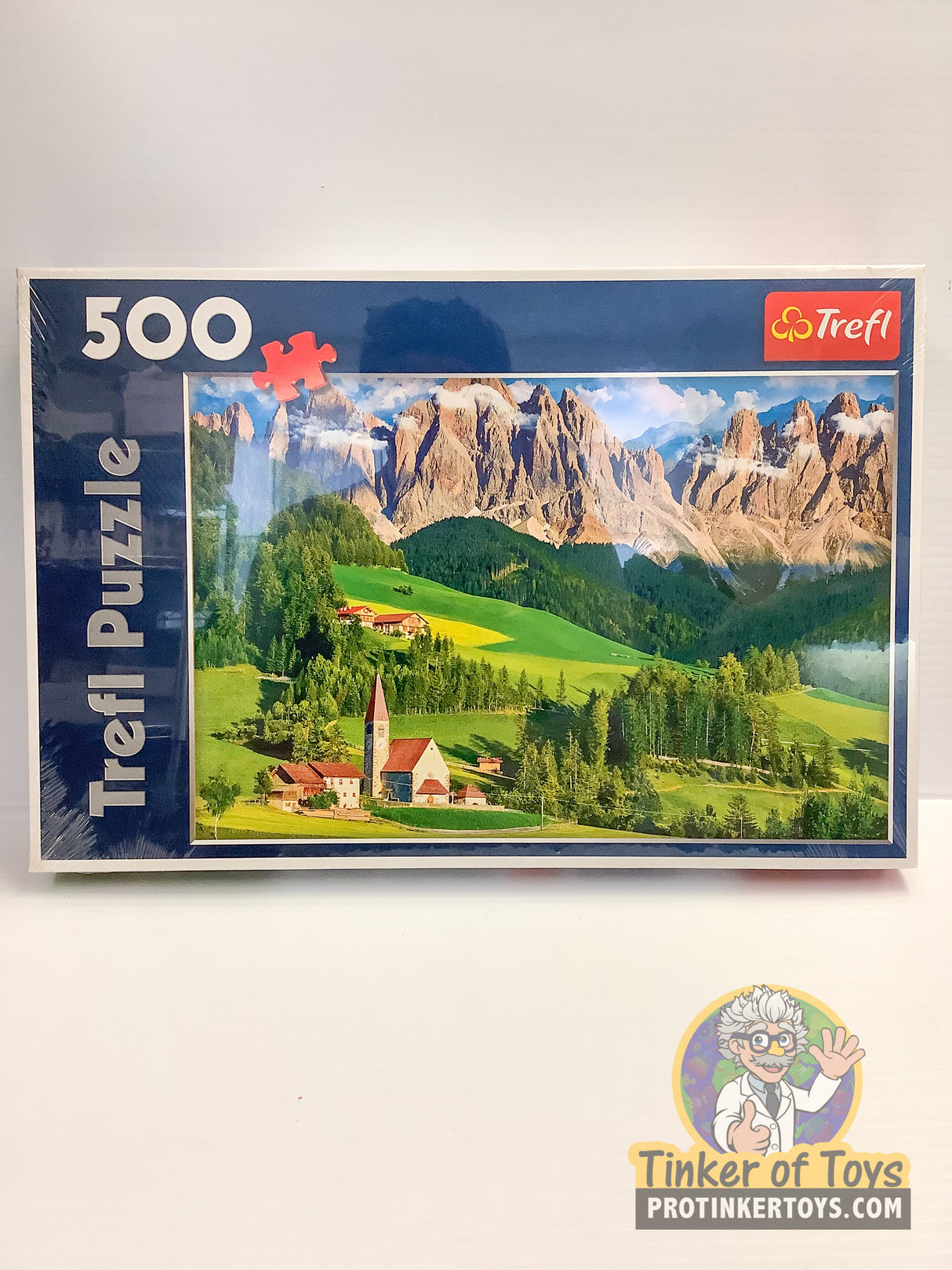 Puzzle box showing Dolomites mountains and Italian village scene for Trefl TRF37189
