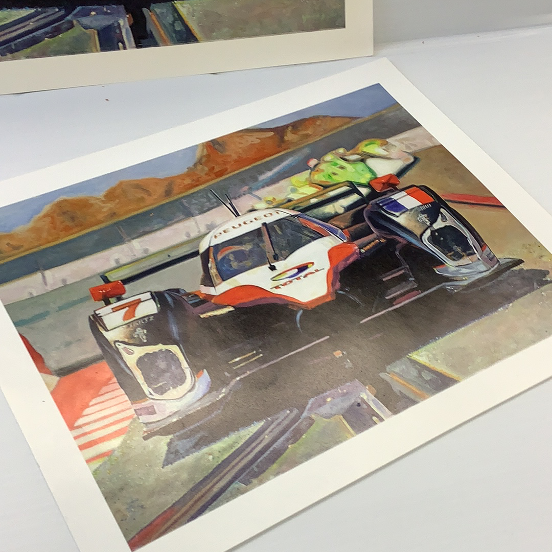 Peugeot slot cars racing on a track, vintage motorsport art print for Timothy W. Young 11”x14”