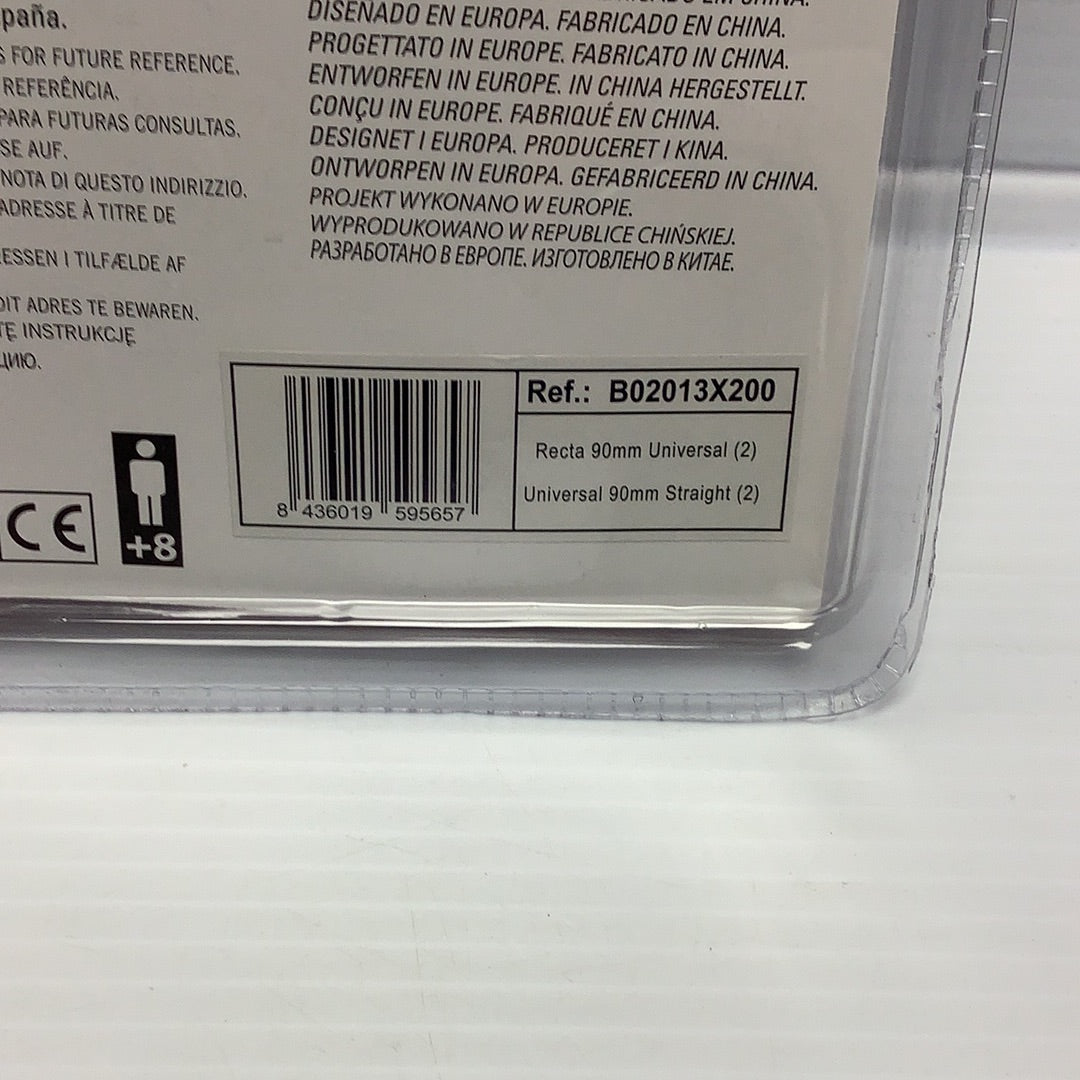Product packaging showing universal straight 90mm track components for SCX B02013X200