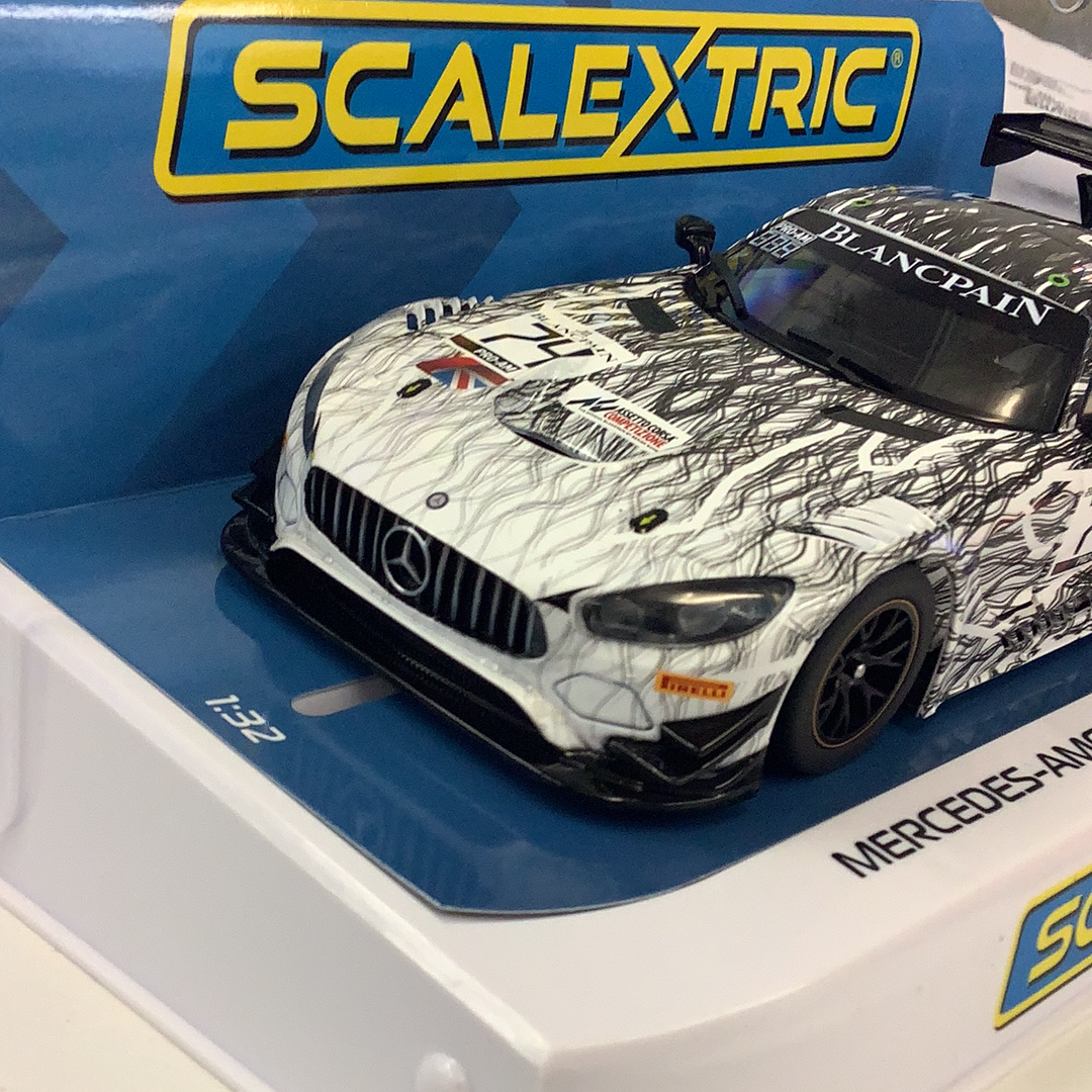 Scale model of a Mercedes AMG GT3 race car on its box for Scalextric C4162