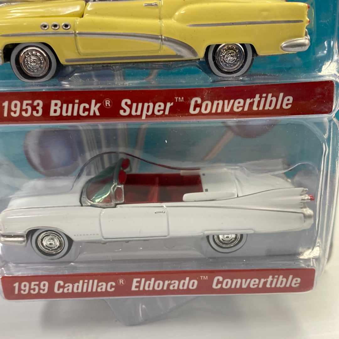Two vintage car toys: yellow 1953 Buick and white 1959 Cadillac for Johnny Lightning JLPK0082-2