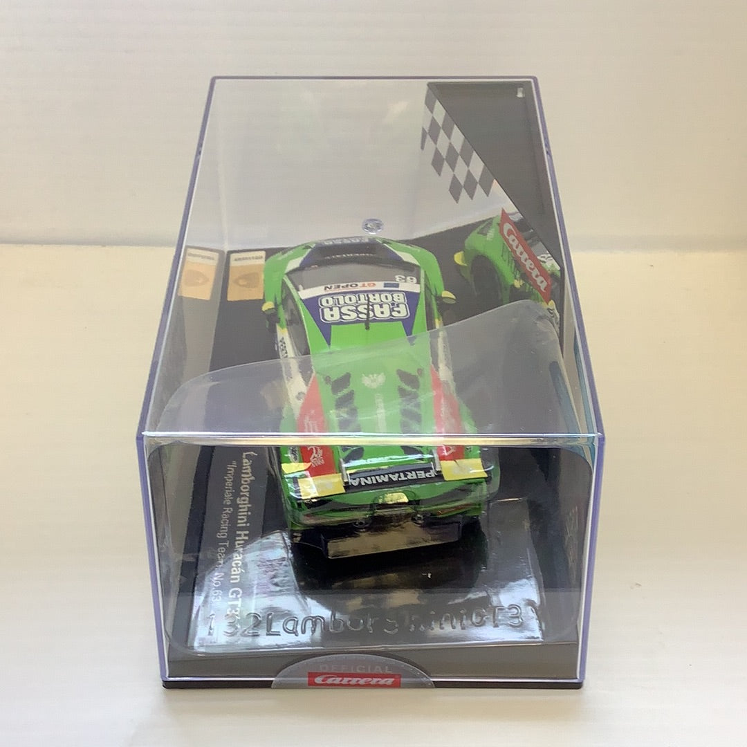 Green Lamborghini Huracan GT3 model in clear display box for Carrera 27589