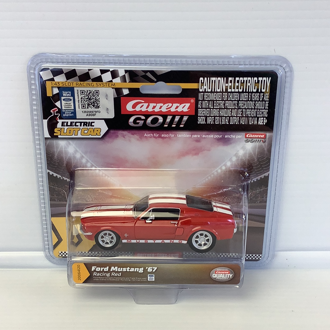 Red Ford Mustang '67 electric slot car in clear plastic packaging for Carrera Go 20064120