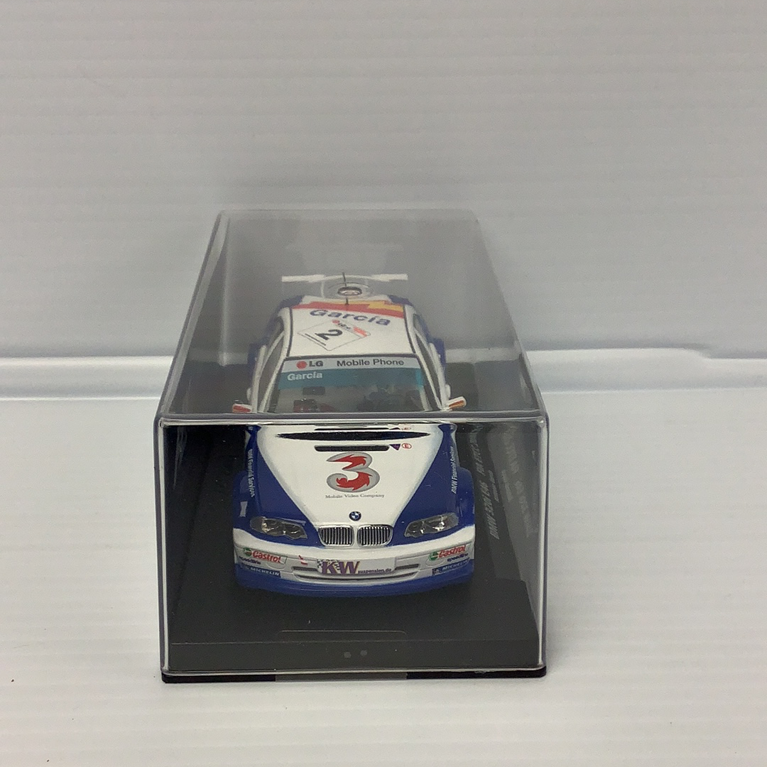 Slot car of a 2003 BMW 320i E46 race car for Fly Car 88123, rear view