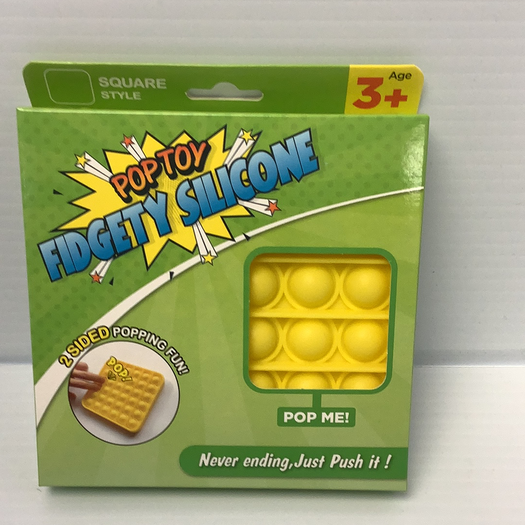 Yellow silicone pop toy in a green and yellow box for ages 3+ for BVP 88629D