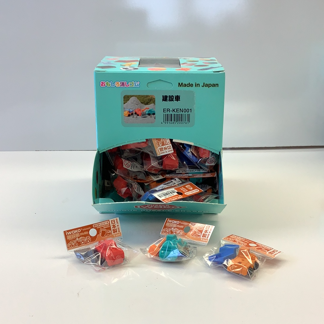 Set of small, colorful truck-shaped erasers in packaging for BCmini 38095