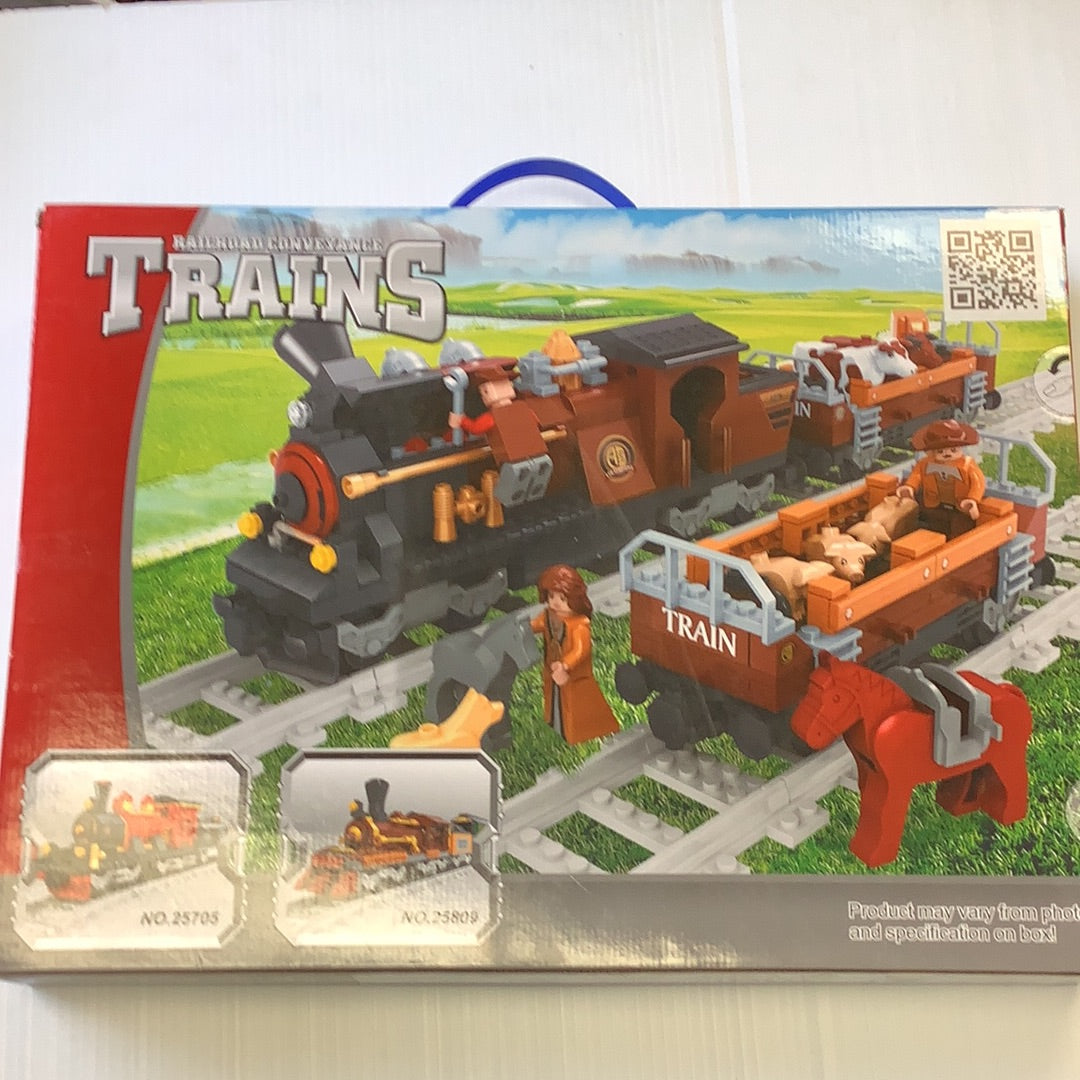Toy train set featuring a steam locomotive and two attached livestock cars for Railroad Conveyance Trains 25813