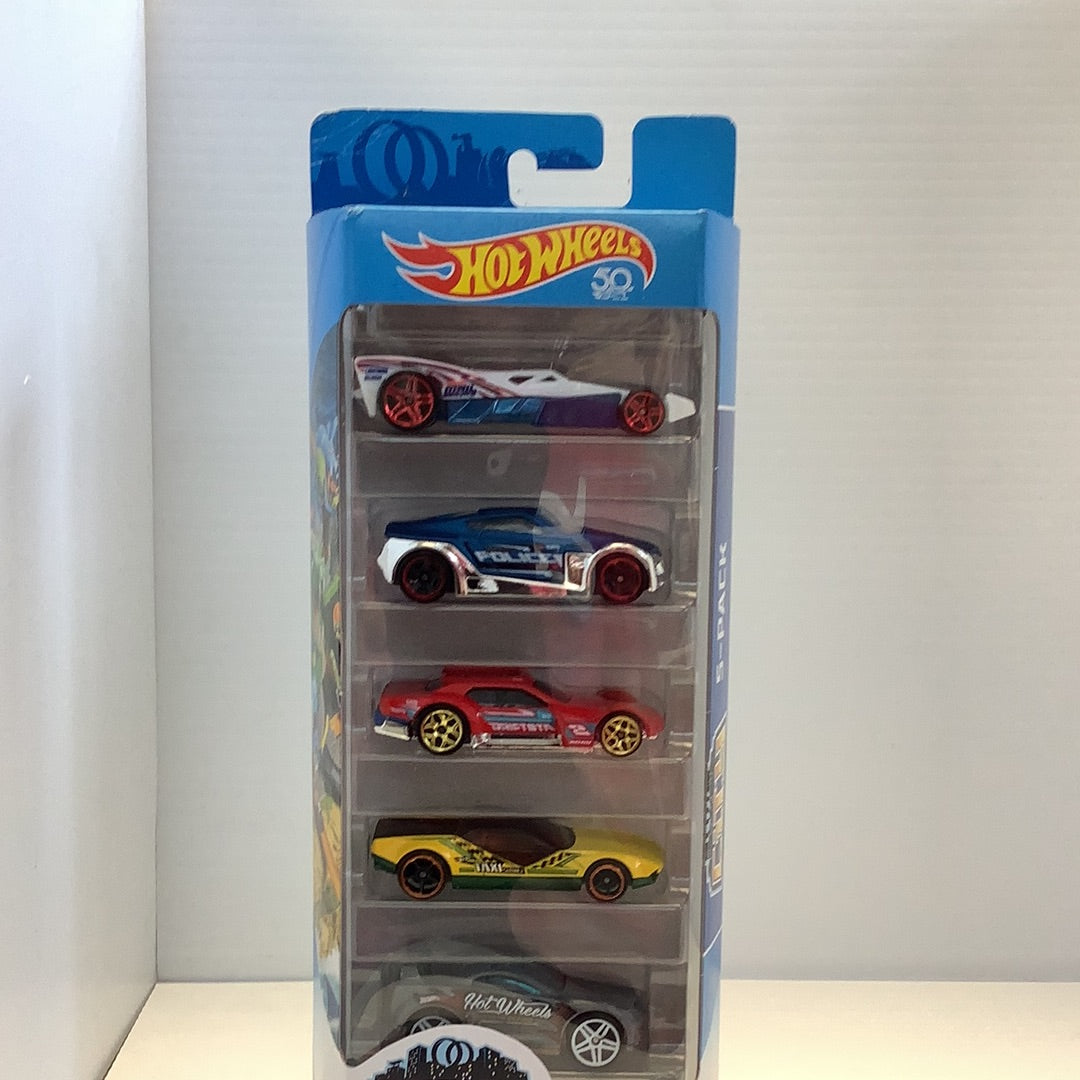 Five die-cast cars in a blister pack: blue, white, red, yellow, and black for Hot Wheels Asst. 01806
