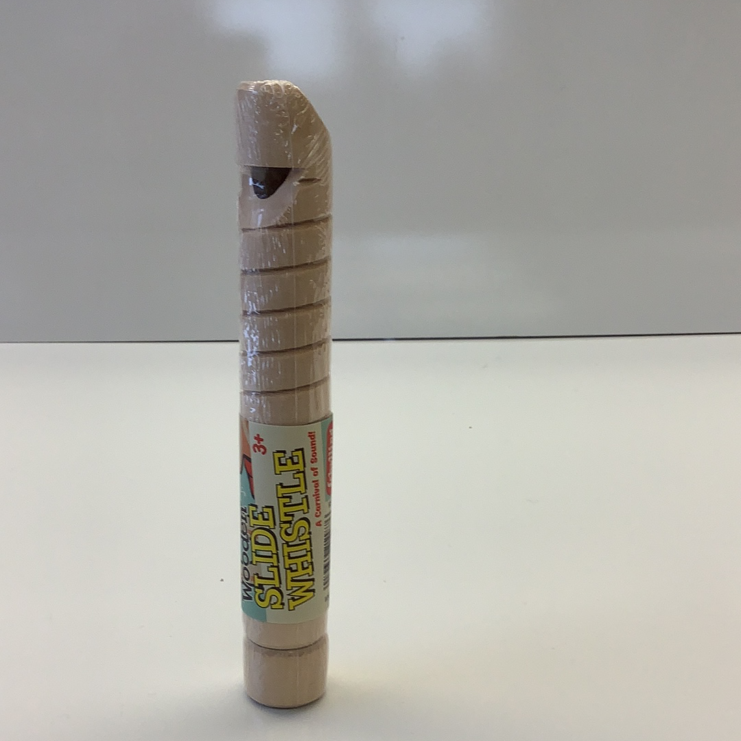 Wooden whistle toy with a colorful label, standing upright for Schylling WSW