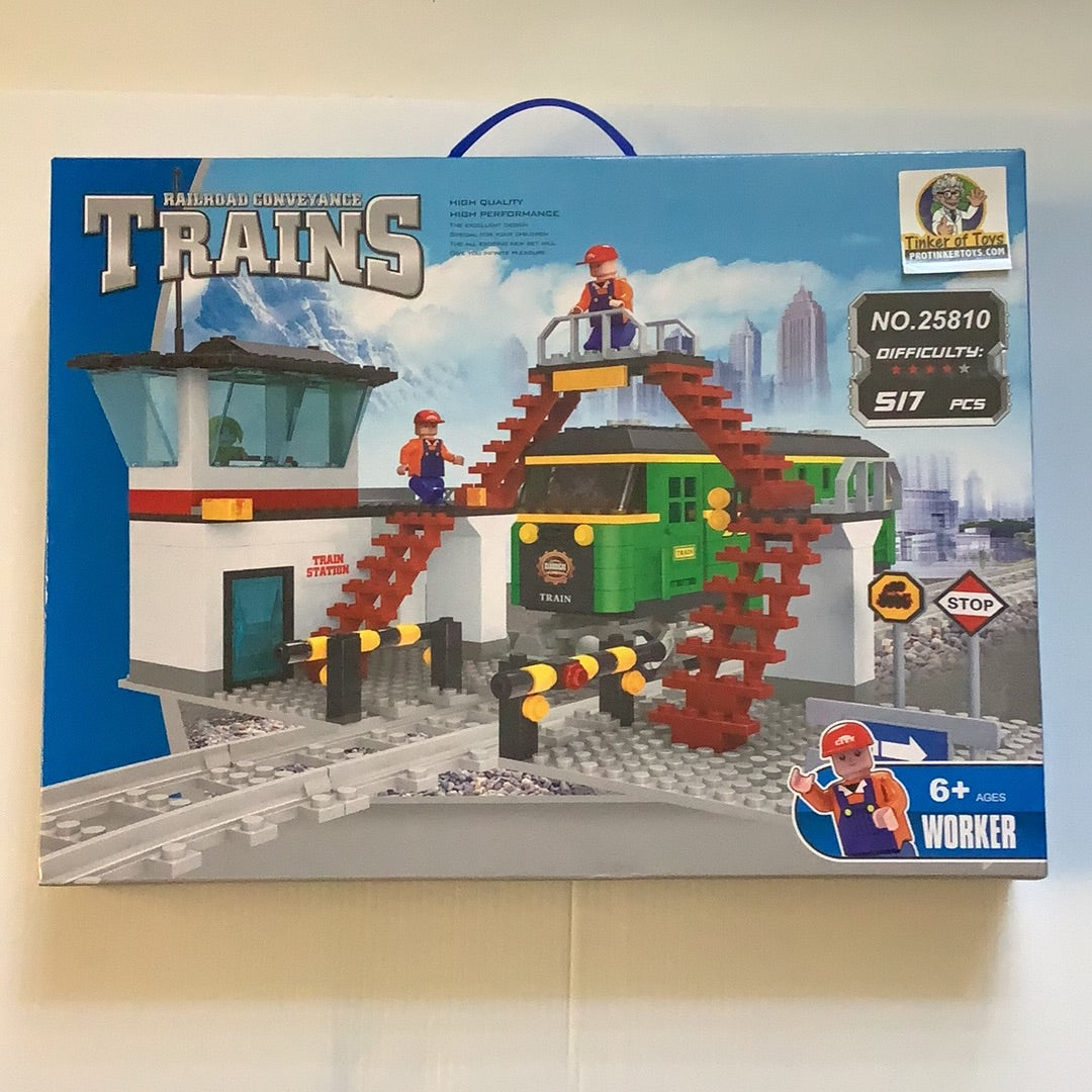 Toy box set: Train station and locomotive with track pieces for Railroad Conveyance Trains AUS25810