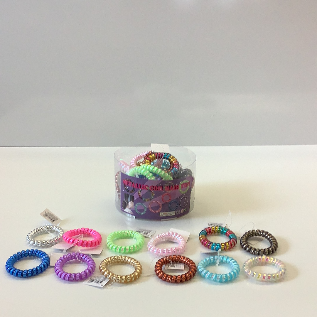 Assortment of metallic and rainbow colored coil hair ties for IMEX-Toys 88491NV, rear view