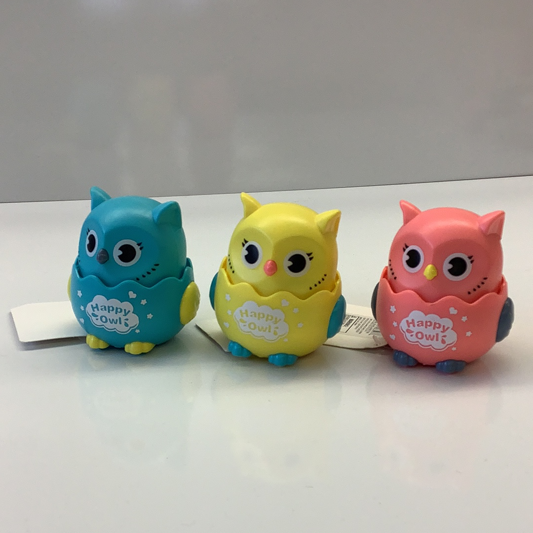 Three colorful, push-and-go owl toys: blue, yellow, and pink for Schylling 88507TY, rear view