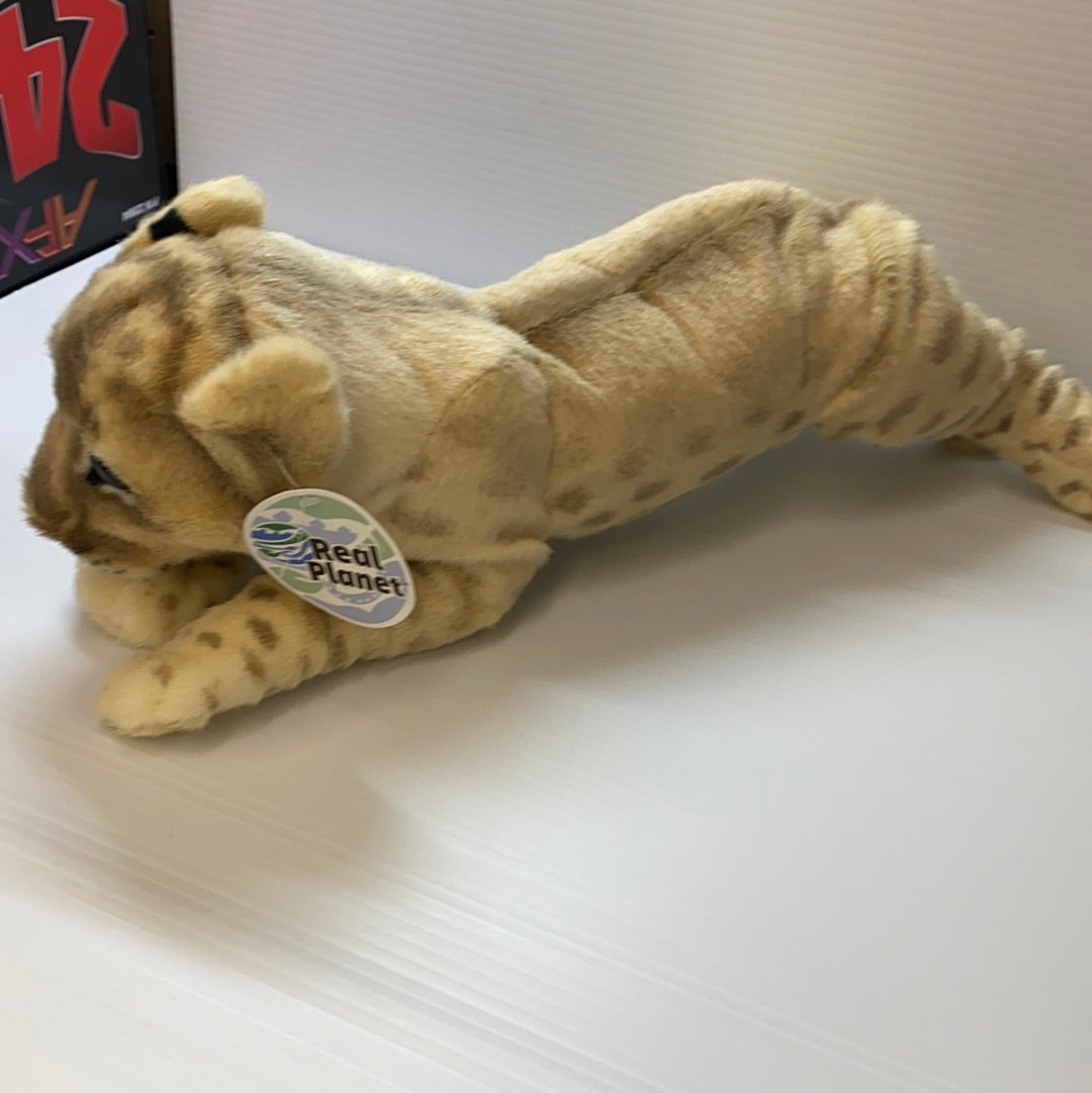 Stuffed lioness toy lying down, tan and brown spotted for Real Planet LC48