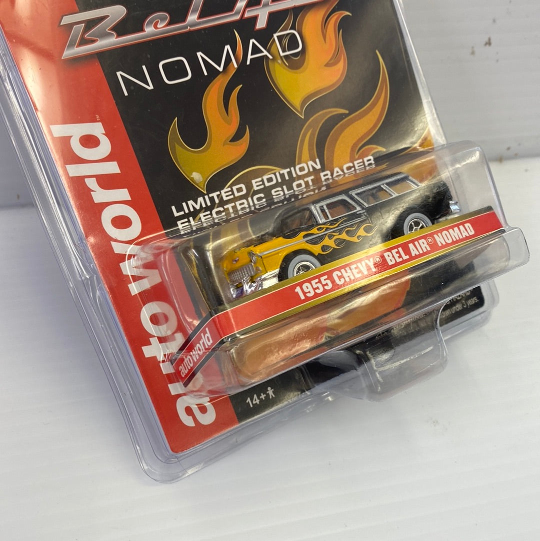 Black 1955 Chevrolet Nomad electric slot car in clear plastic packaging for Auto World CP7781
