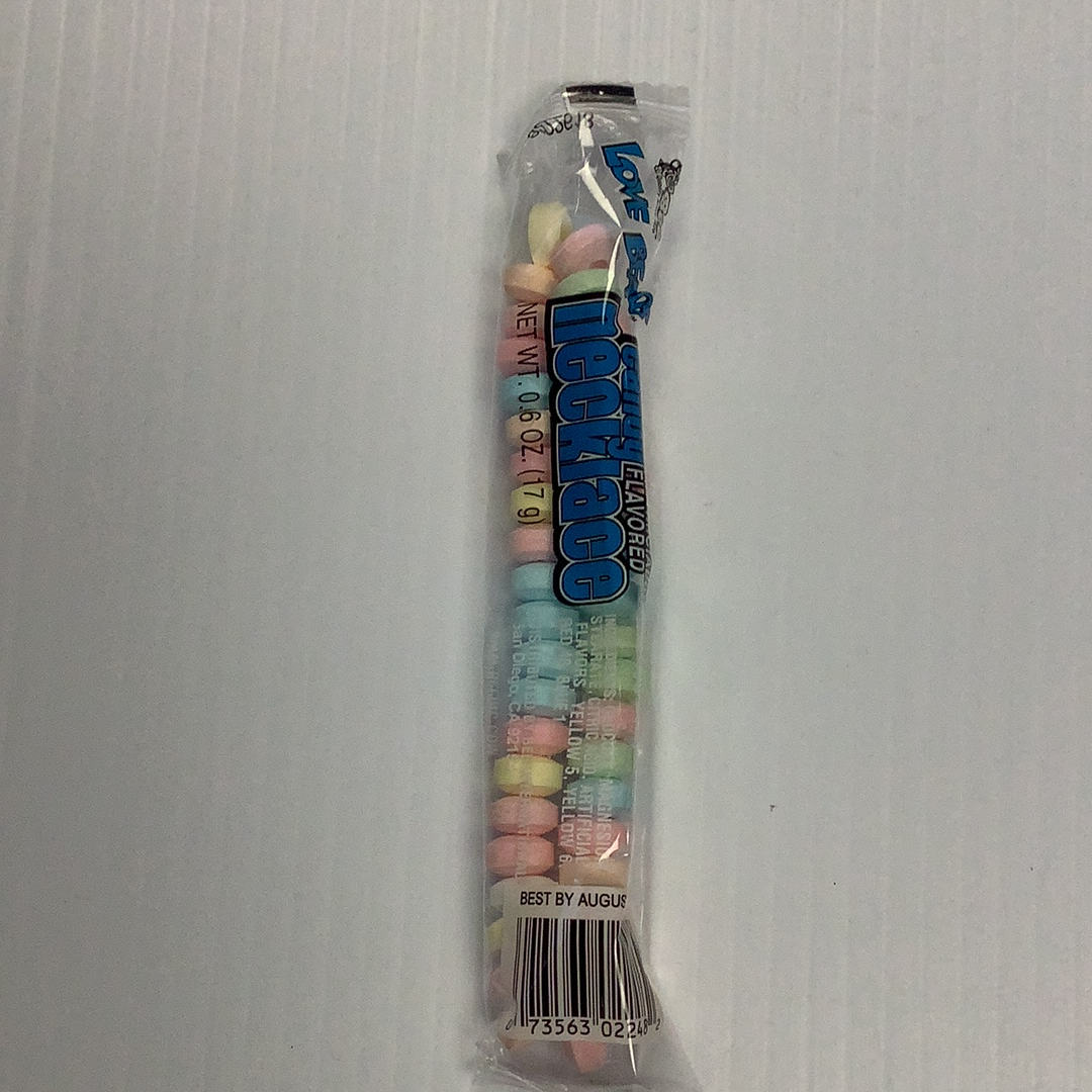 Assorted colored candy necklace in clear plastic packaging for Nassau Candy
