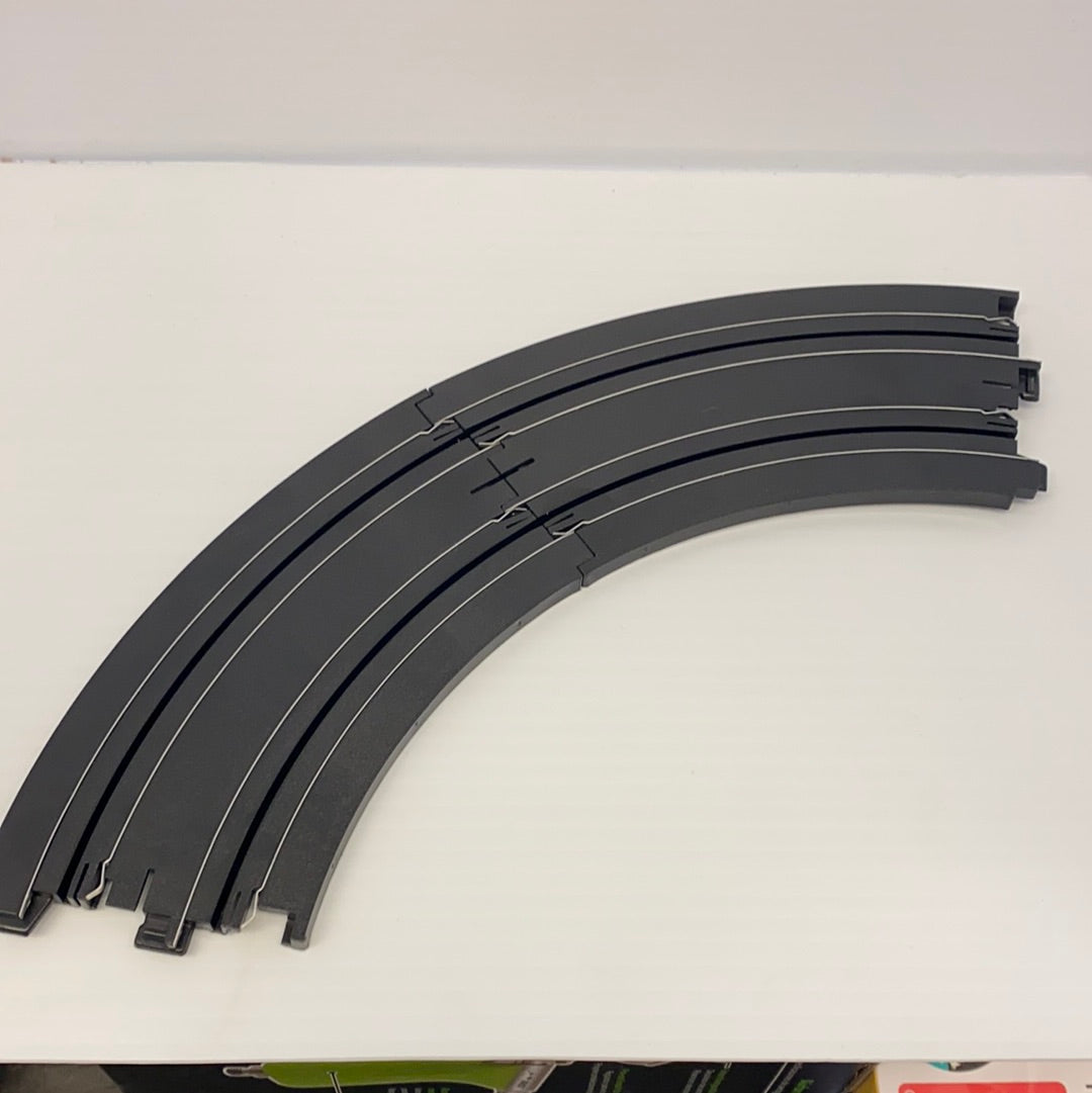 Two black 1/8 scale curved train tracks, 9-inch radius for Auto World H0004