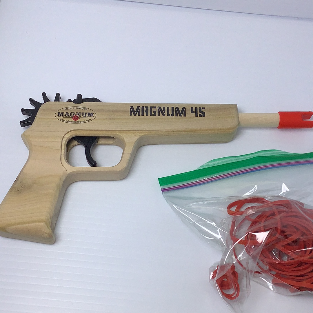 Wooden pistol toy with red rubber bands for play for Magnum Rubber Band Guns GL2M45