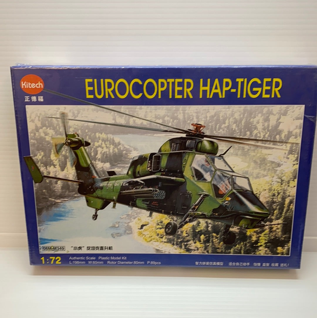 Green helicopter model kit box art showing Eurocopter Hap-Tiger in flight for Kitech