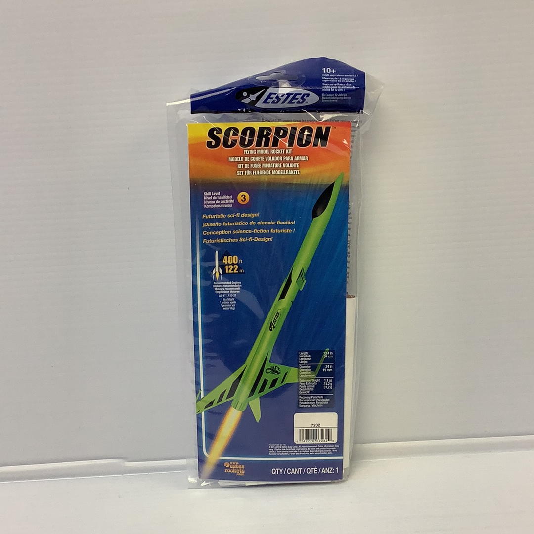 Model rocket kit box featuring a green and yellow scorpion design for Estes 7232
