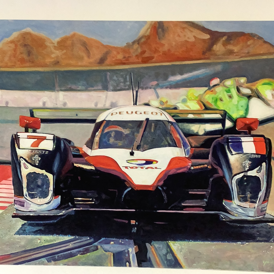 Peugeot slot car race car on track with desert mountains in background for Timothy W. Young 11”x14”