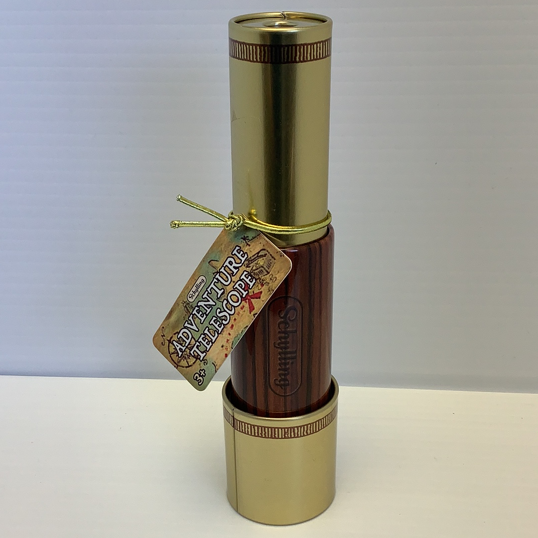 Vintage telescope in brass and wood, tied with a tag for Schylling TTEL