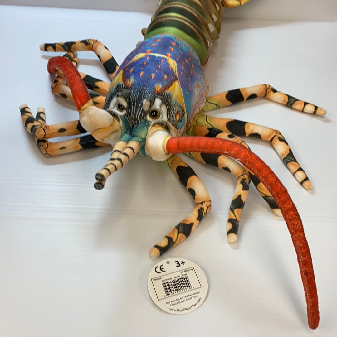 Stuffed toy lobster with blue and green body, spread on white surface for Real Planet LB60B