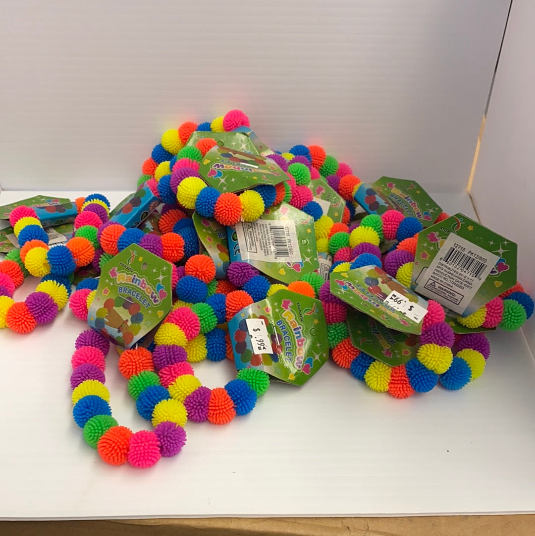 Colorful, puffy bracelet strands in rainbow colors, packaged for sale for BVP 12715