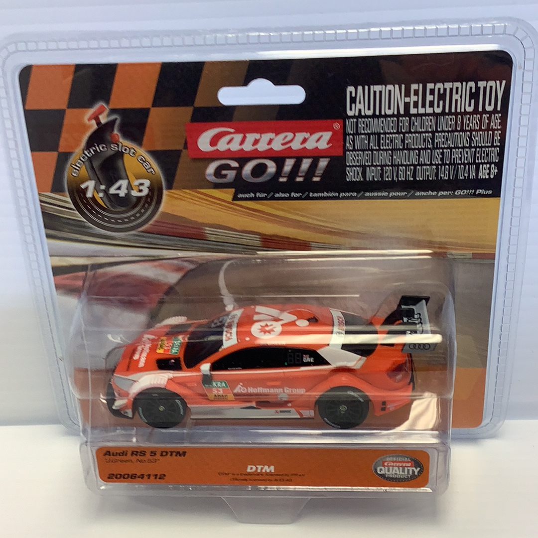 Red Audi RS 5 DTM race car toy in clear plastic packaging for Carrera Go 20064112