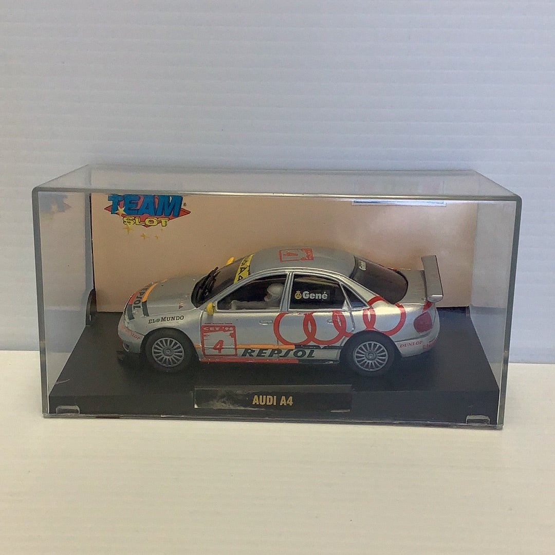 Slot car of a silver Audi A4 race car in a display case for Team Slot 10401