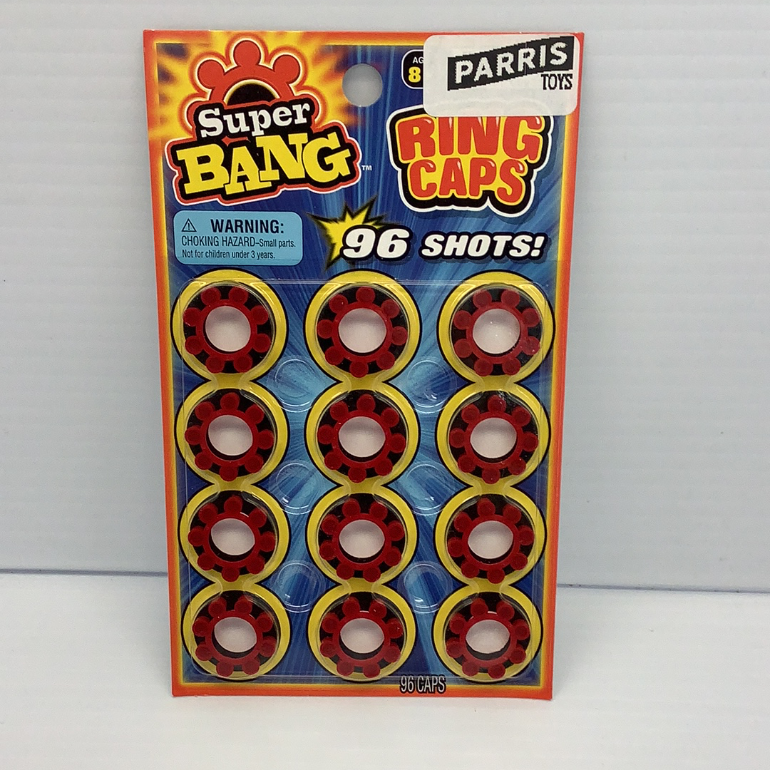 Cardboard packaging displaying 96 red and yellow ring-shaped caps for a toy for Super Bang 936