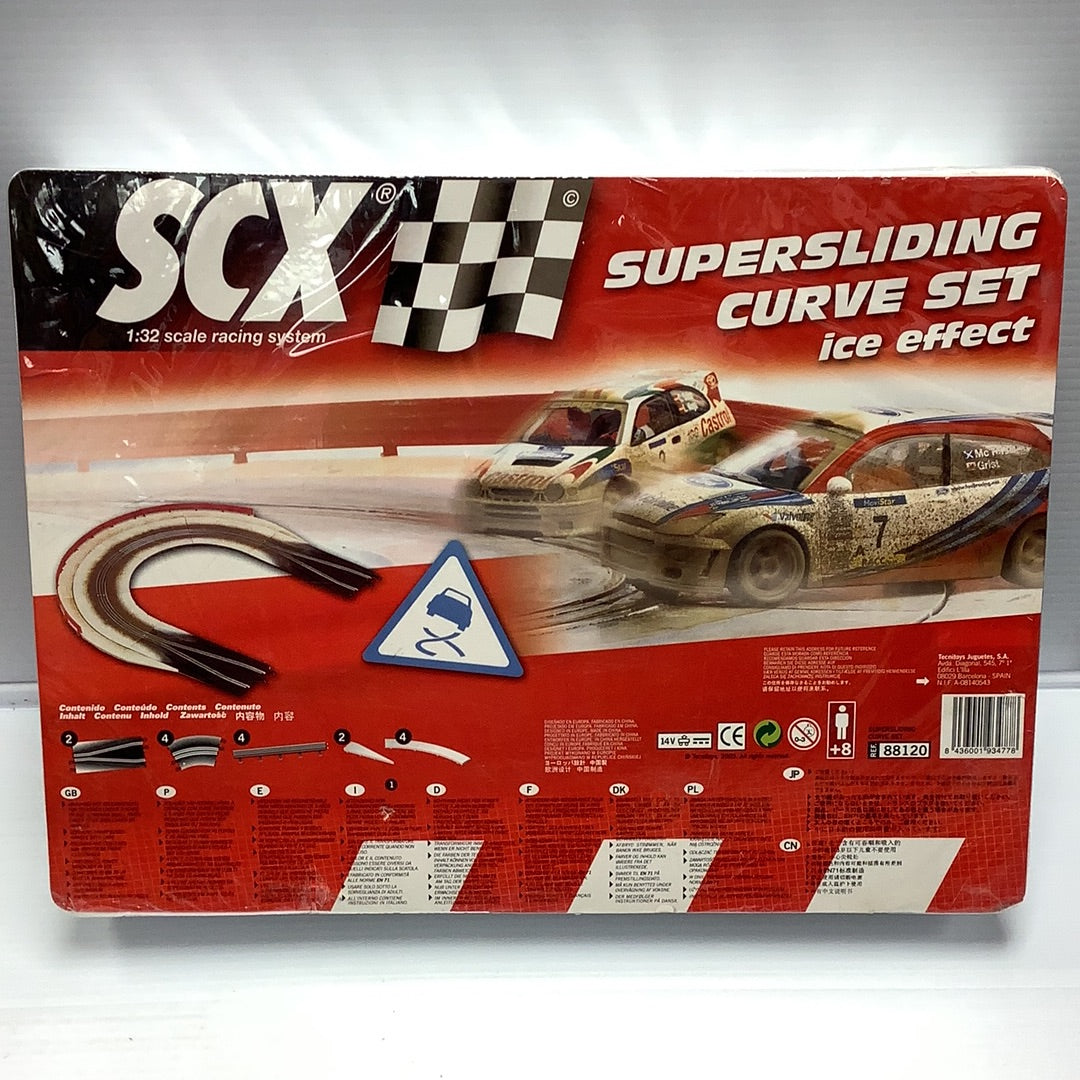 Toy car track set with cars demonstrating an ice effect cornering action for SCX 88120