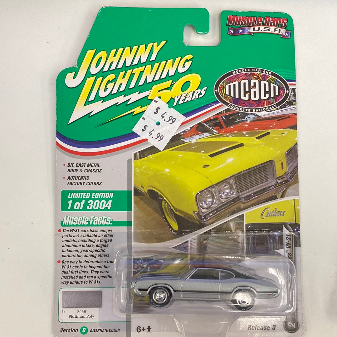 Die-cast car set featuring classic muscle cars from Johnny Lightning for Johnny Lightning Die Cast JLMC021-B-3-5, front view